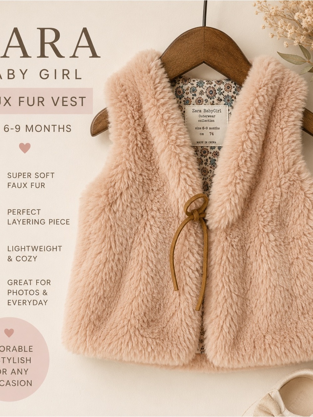 Zara Baby Girl Faux Fur Vest 6-9 Months Blush Pink Teddy Sherpa Sleeveless